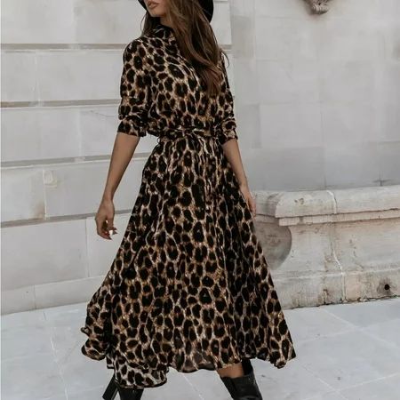 Tangnade Dress Dress Fashion Printed Long Dress Stand Collar Single Breasted Leopard Dress Leopard M | Walmart (US)