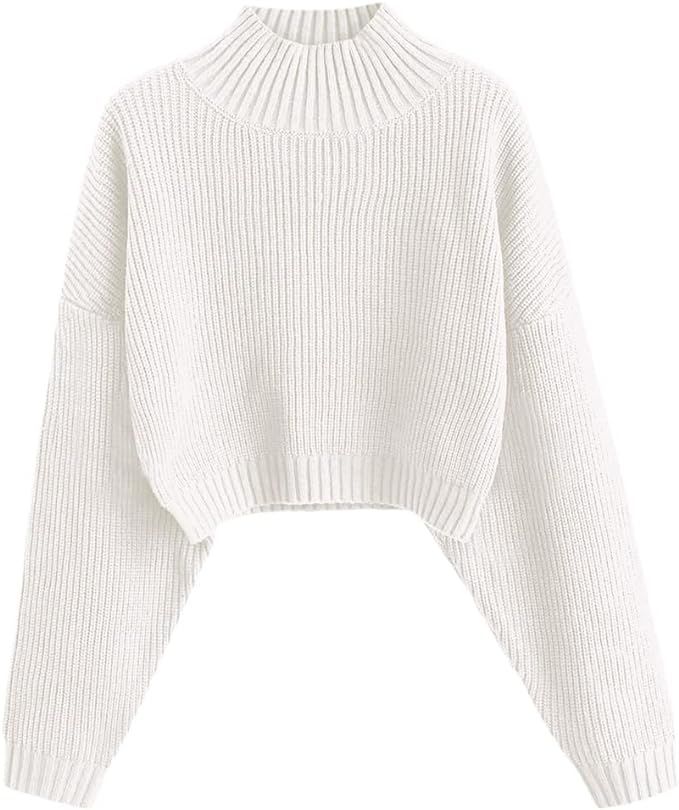 ZAFUL Women's High Neck Lantern Sleeve Ribbed Knit Pullover Crop Sweater Jumper | Amazon (US)