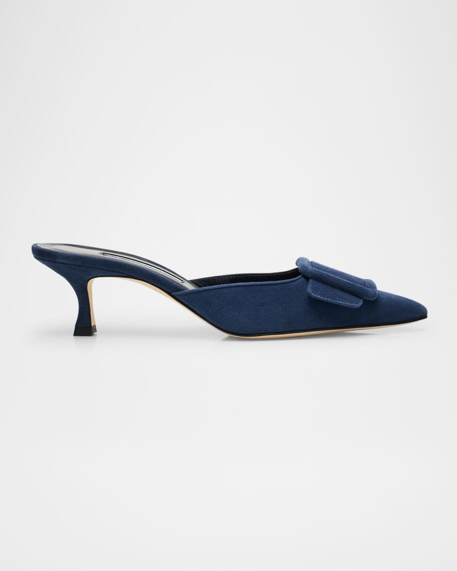 Manolo Blahnik Maysale Suede Buckle Mules | Neiman Marcus