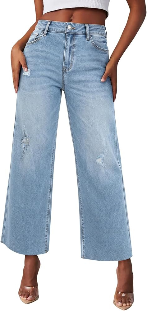 SANMM Jeans for Women High Waisted Wide Leg Ripped Jean Cropped Denim Pants Stretchy with Pockets | Amazon (US)