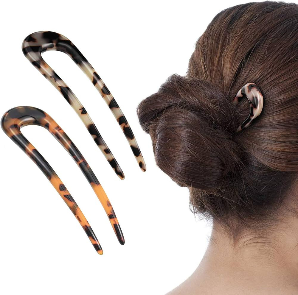 [2 Pack] Benefree French Style Cellulose Acetate Tortoise Shell U Shaped Hair Pin Fork 2 Prong Up... | Amazon (CA)