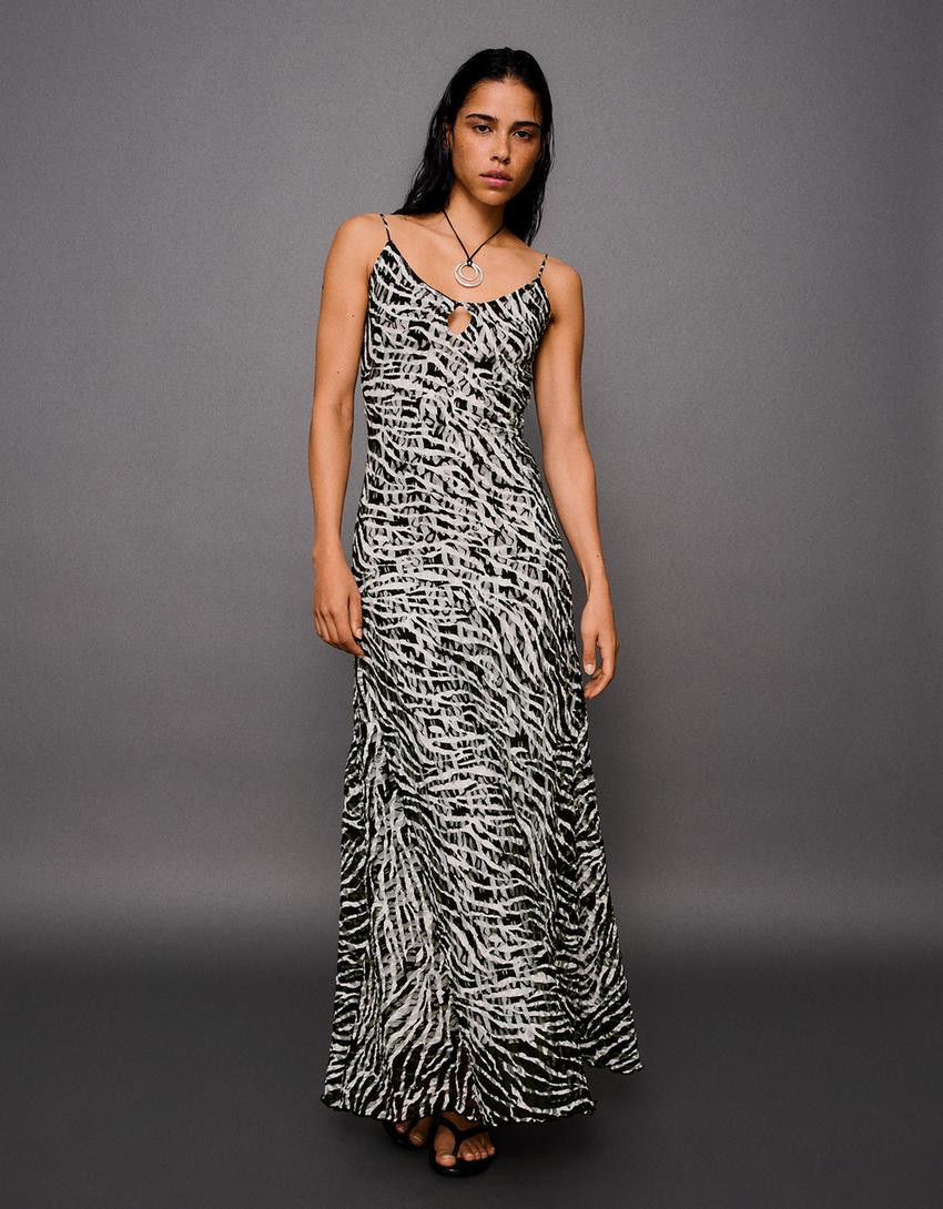 Printed midi dress with straps | Bershka UK