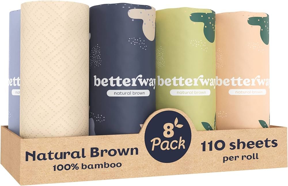 Betterway Bamboo Natural Brown Paper Towels - 8 Rolls, 2 Ply, 110 sheets - Plastic Free, Disposab... | Amazon (US)