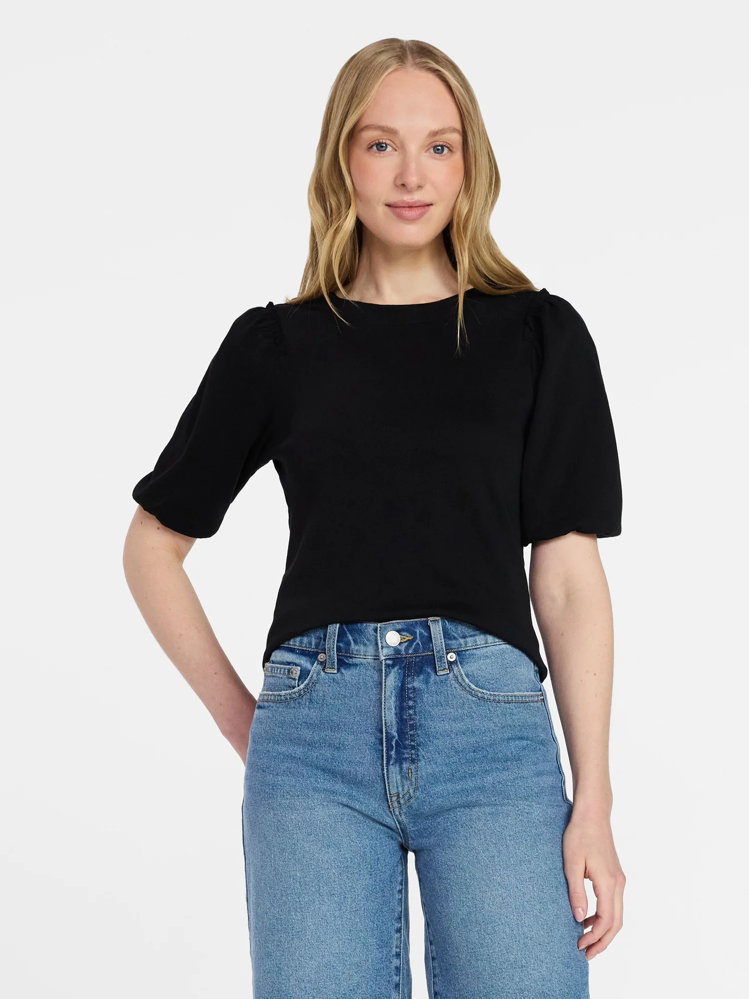 Time and Tru Women's Cotton Crewneck Tee with Puff Sleeves, Sizes XS-XXXL | Walmart (US)