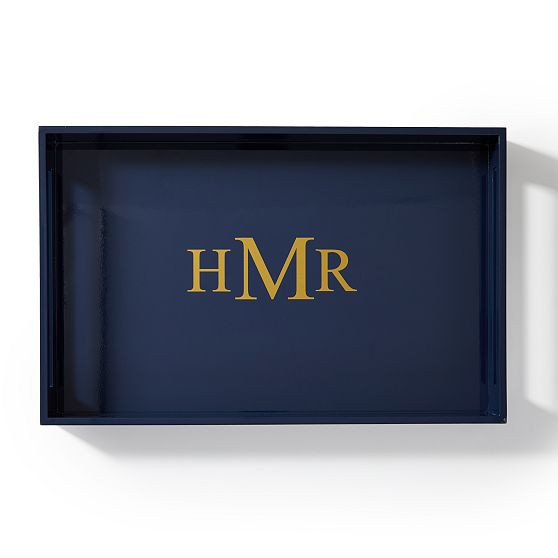 Open Side Lacquer Bar Serving Tray, Navy | Mark and Graham