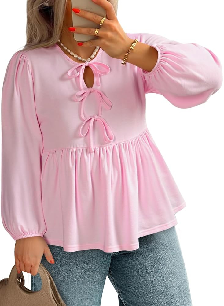 AlvaQ Womens Plus Size Tops Bow Tie Front Puff Sleeve Crewneck Babydoll Peplum Blouse Shirt L-4XL | Amazon (US)