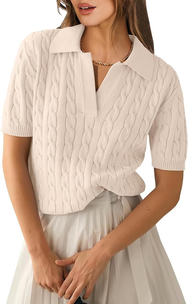 ANRABESS Women's Short Sleeve Sweaters Tops Polo V Neck Cable Knit Casual Soft Pullover Shirts 20... | Amazon (US)