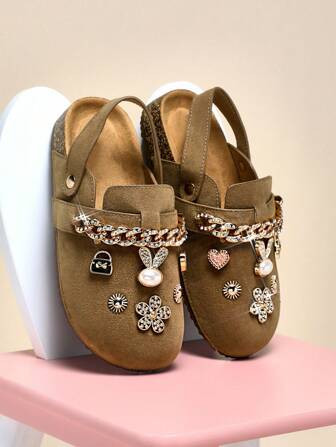 Mini Mi Playful Gold Accent Charms Suede Taupe BS Clogs -All-Day Comfort From Brunch To Bookstore | SHEIN