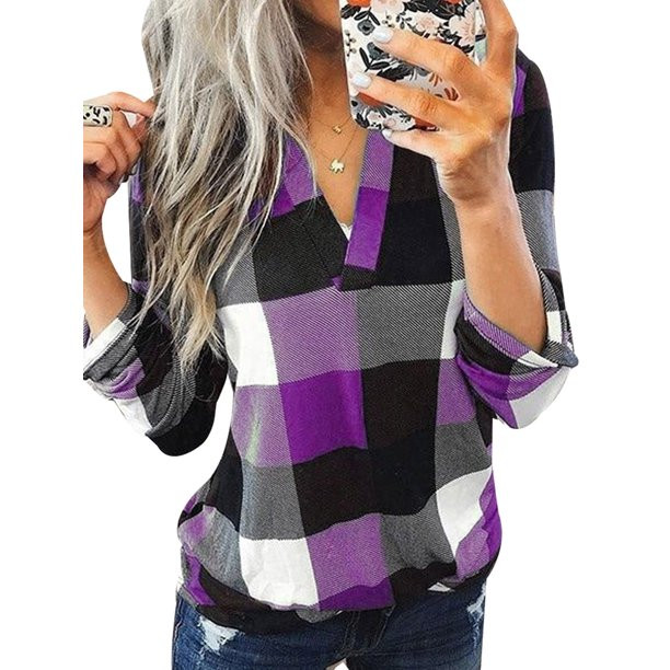 LAPA Women's Juniors Plaid Shirt Roll-Up Long Sleeve Blouse V-Neck Casual Loose Tops - Walmart.co... | Walmart (US)