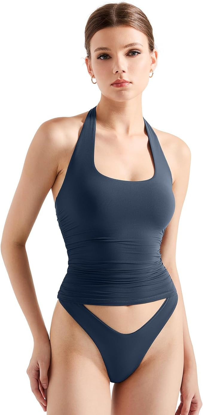 SUUKSESS Women Halter Tank Tops Double Lined Backless Y2K Trendy Going Out Tops | Amazon (US)