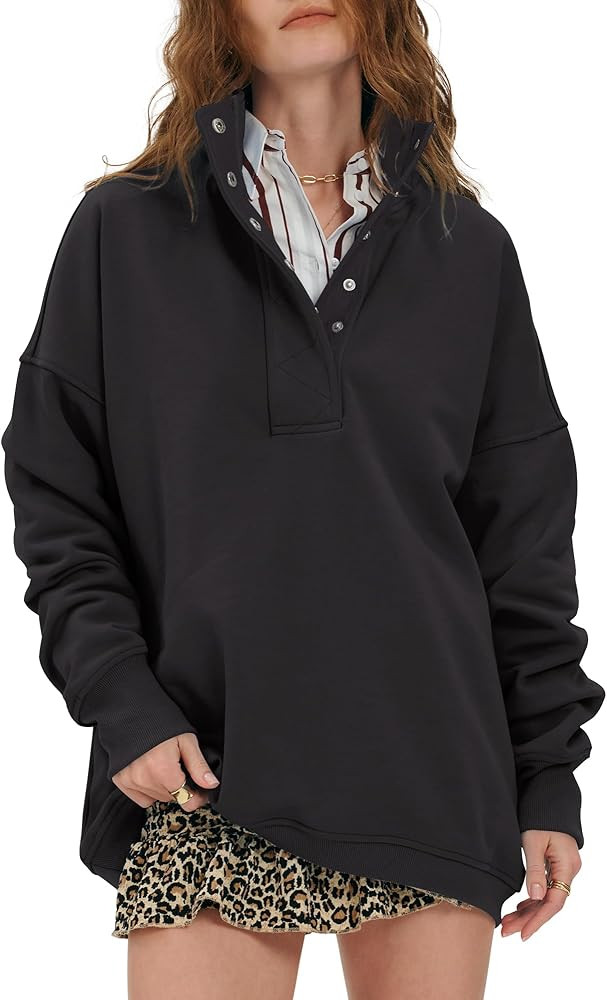 Locachy Womens Casual Button Henley Neck Cotton Oversized Sweatshirt Long Sleeve Pullover Tops Ou... | Amazon (US)