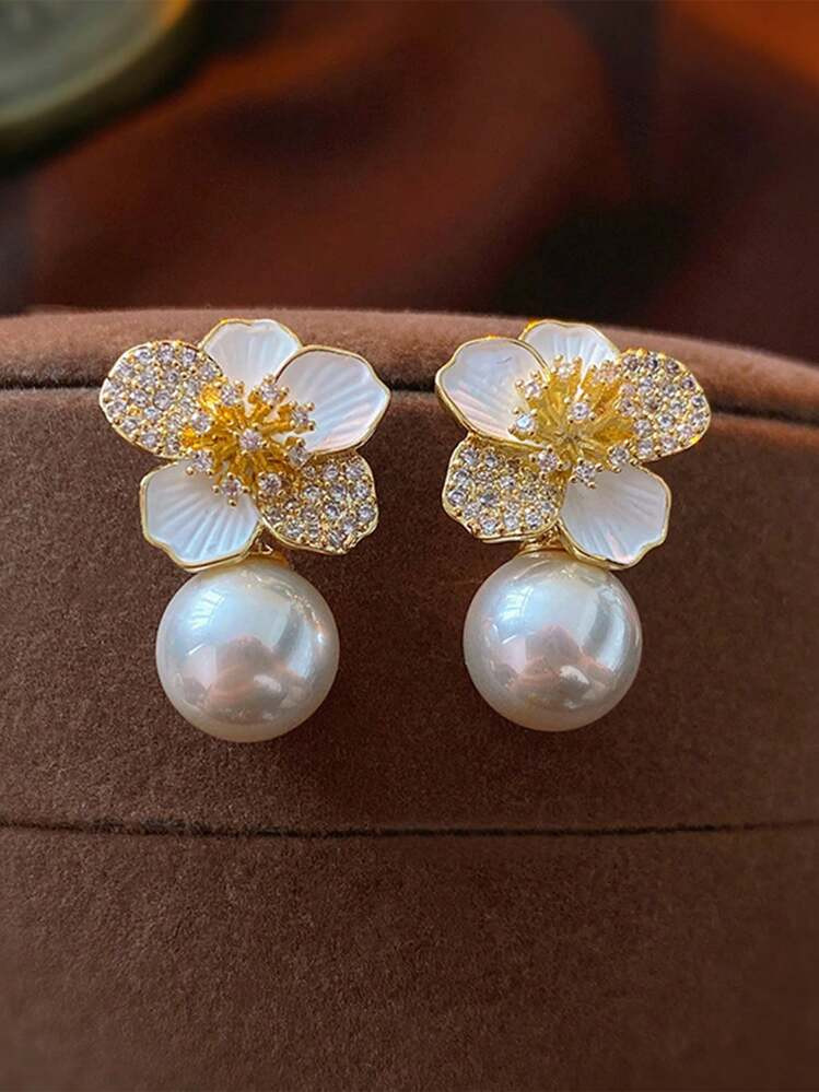 topshiny 1 Pair Elegant Flower Shaped Pearl & Zirconia Earrings, Luxury Jewellery Earrings Gift F... | SHEIN