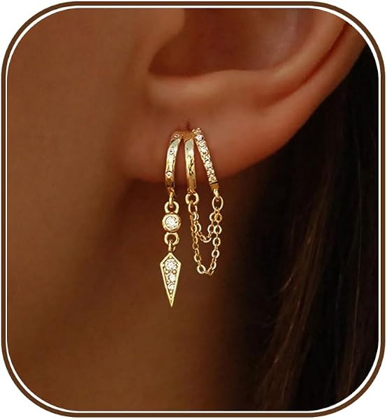 Dangle Earrings for Women,14k Gold Plated Triple Huggie Stud Earrings Cute Statement Chain Earrin... | Amazon (US)