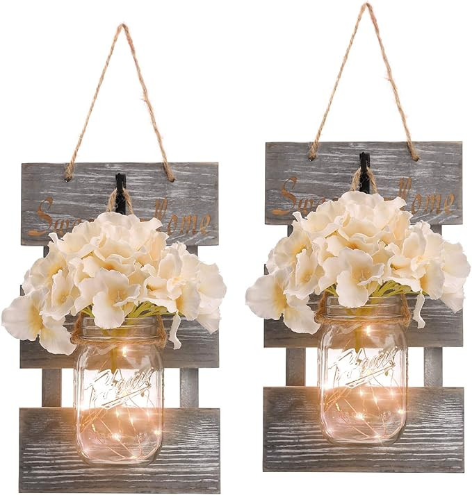 HOMKO Mason Jar Wall Decor with 6-Hour Timer LED Lights and Flowers - Rustic Home Decor (Set of 2... | Amazon (US)