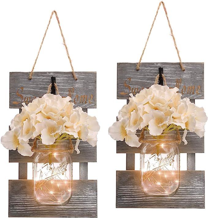 HOMKO Mason Jar Wall Decor with 6-Hour Timer LED Lights and Flowers - Rustic Home Decor (Set of 2... | Amazon (US)
