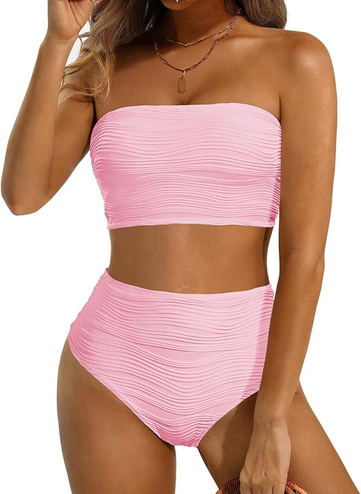 High Waisted Bandeau Bikini Set - Women Strapless Two Piece Swimsuits Ribbed Longline Full Covera... | Amazon (US)