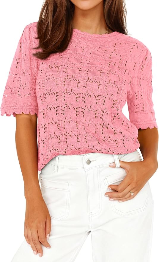 PRETTYGARDEN Women's Short Sleeve Sweater Trendy Crochet Summer Tops 2026 Casual Hollow Out Shirt... | Amazon (US)