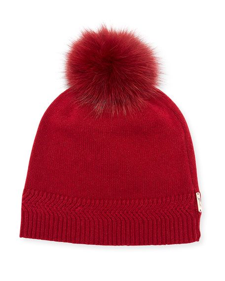 Gorski Knit Cashmere Beanie Hat w/ Fur Pompom | Neiman Marcus