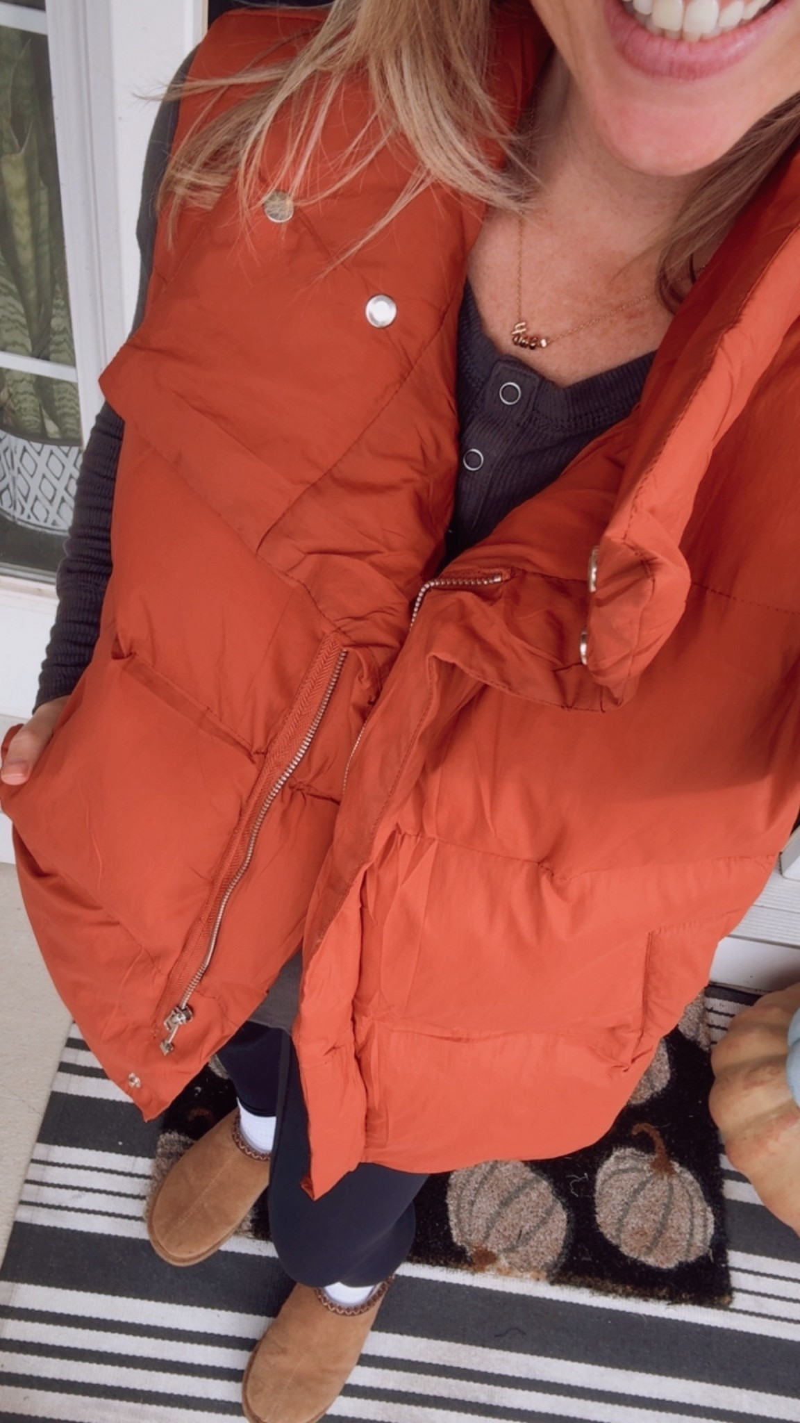 I’ll be wearing this best puffer vest on repeat & I love that I match my fall decor! 

Size small, color caramel -it’s more orange in person than the listing but less orange than this photo 