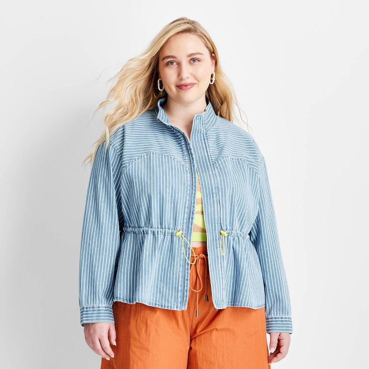 Women's Peplum Denim Jacket - Future Collective™ with Gabriella Karefa-Johnson Medium Wash Stri... | Target