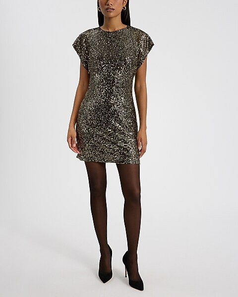 Sequin Cowl Neck Back Short Sleeve Mini Dress | Express