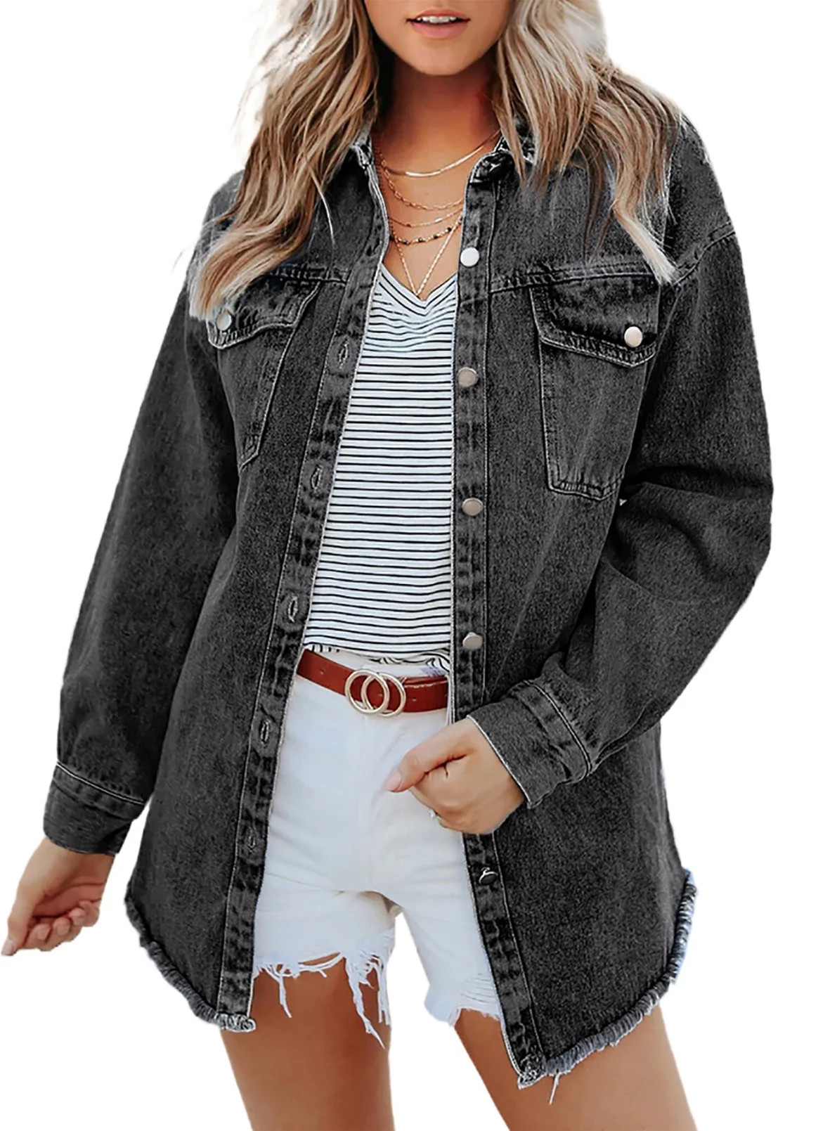 Asvivid Women's Denim Jacket Casual Long Sleeve Jean Jacket Boyfriend Distressed Shacket with Poc... | Walmart (US)
