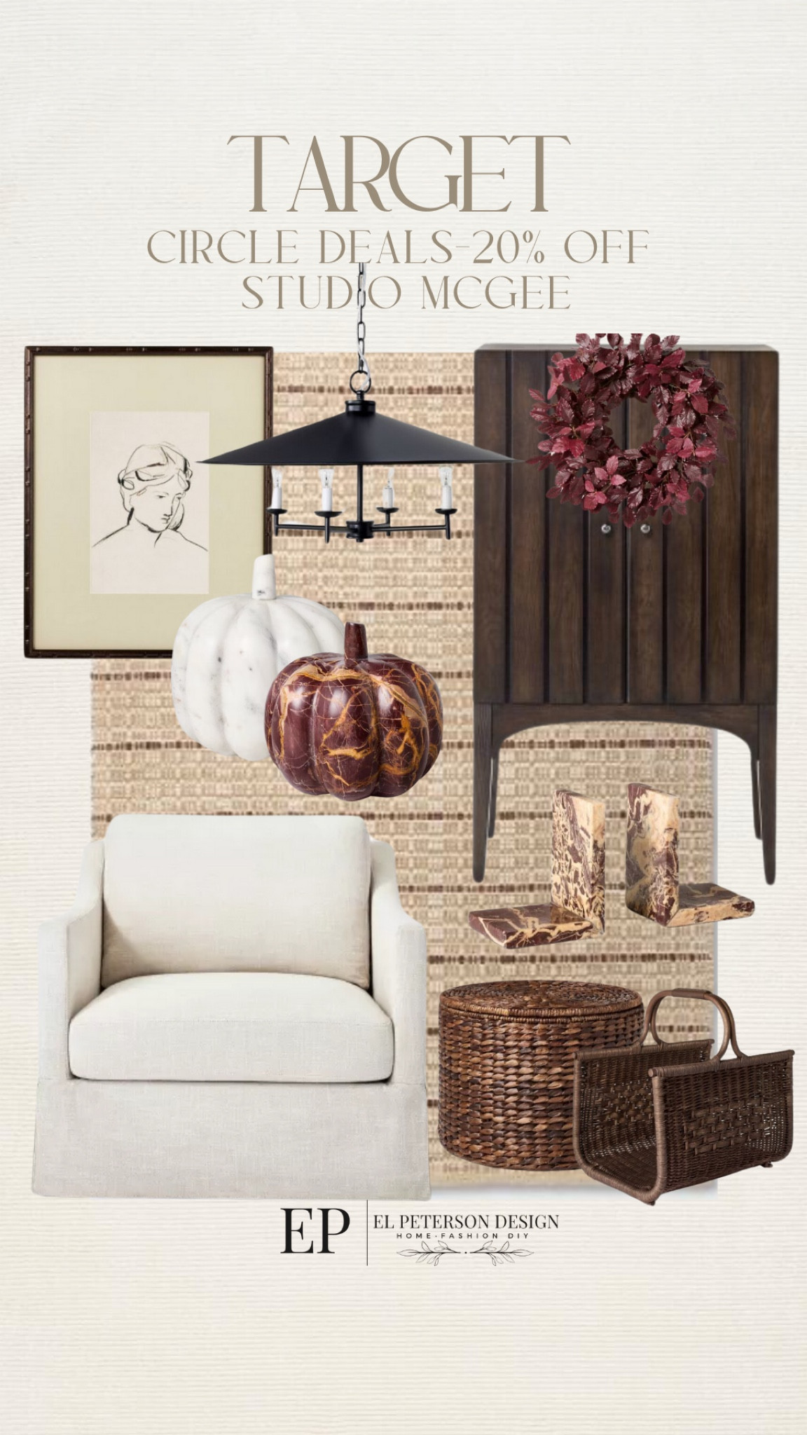 Circle deals  20% off 
Studio McGee Artwork
Pendant light
Tall accent cabinet
Accent chair
Area rug
Book end
Vase
Wicker basket
Wicker magazine holder 

#LTKHome #LTKSaleAlert