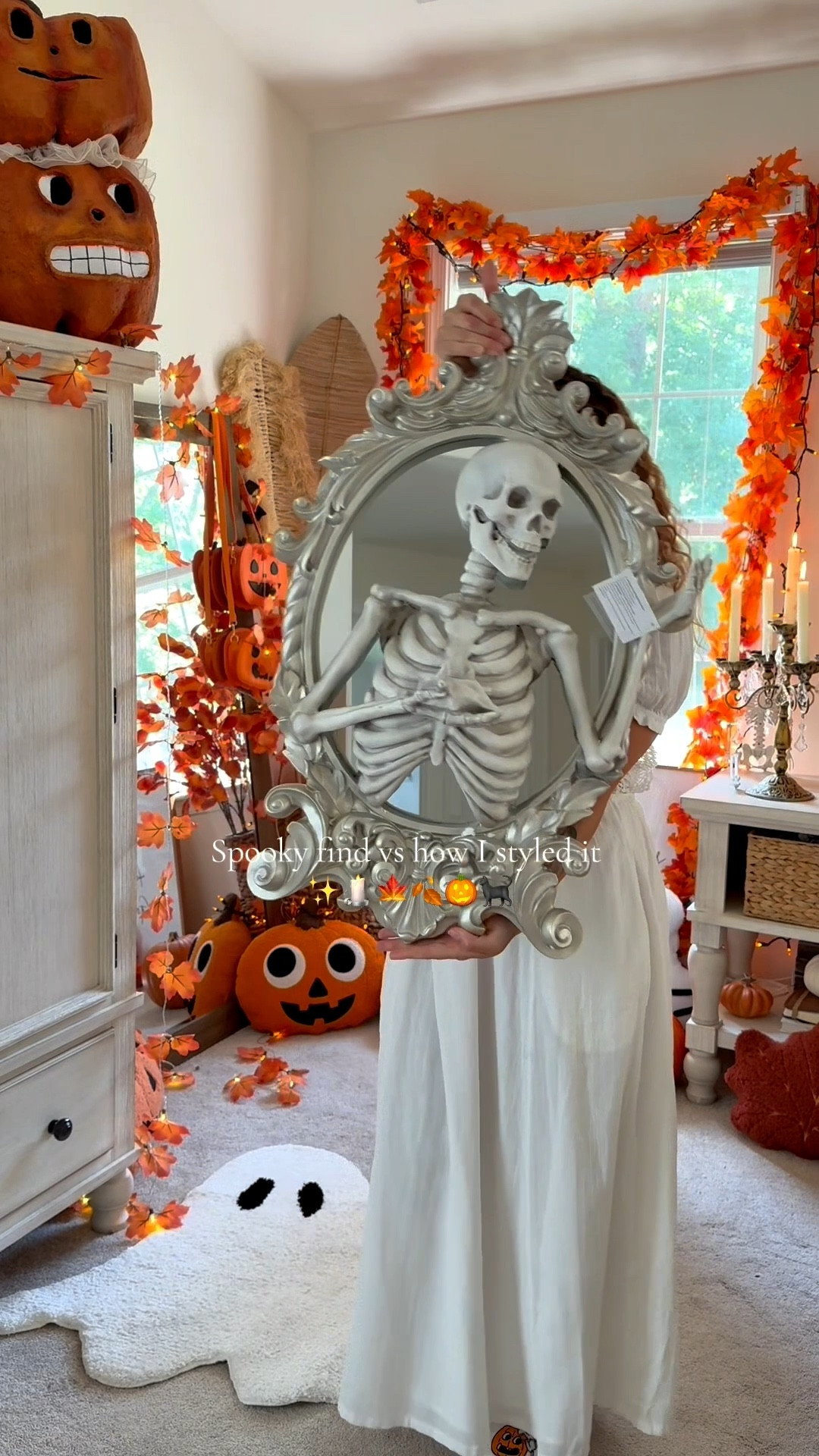 Skeleton mirror DIY // the mirror is similar not the exact. You can try to find the exact one at homegoods. I’ve linked all the DIY supplies to achieve this look🍂🫶🏼🍁🕯️

#LTKSeasonal #LTKHome #LTKFindsUnder50