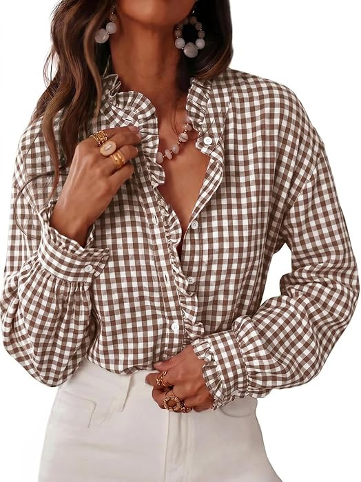 Cicy Bell Womens Plaid Shirts Ruffle Puff Long Sleeve V Neck Gingham Tops | Amazon (US)