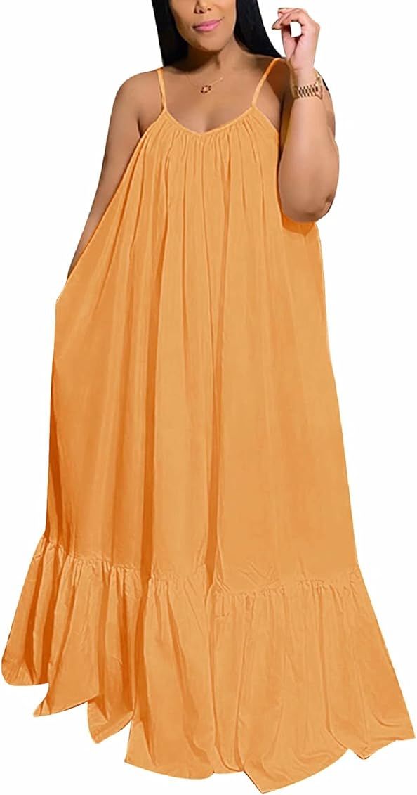 Adogirl Women's Sexy Spaghetti Strap Sleeveless Ruched Ruffle Hem Bandage Oversized Beach Loose Long | Amazon (US)