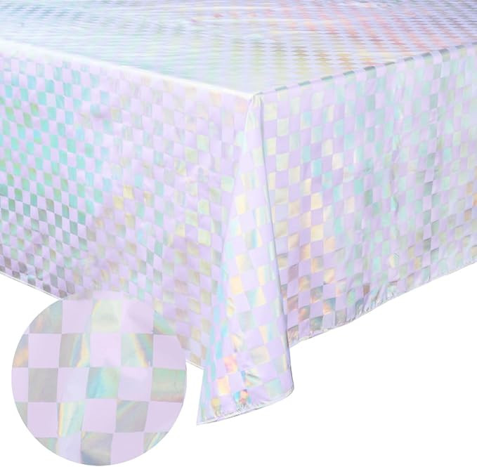xo, Fetti Purple and Iridescent Checkered Washable Tablecloth - 9 ft. | Birthday Party Decoration... | Amazon (US)