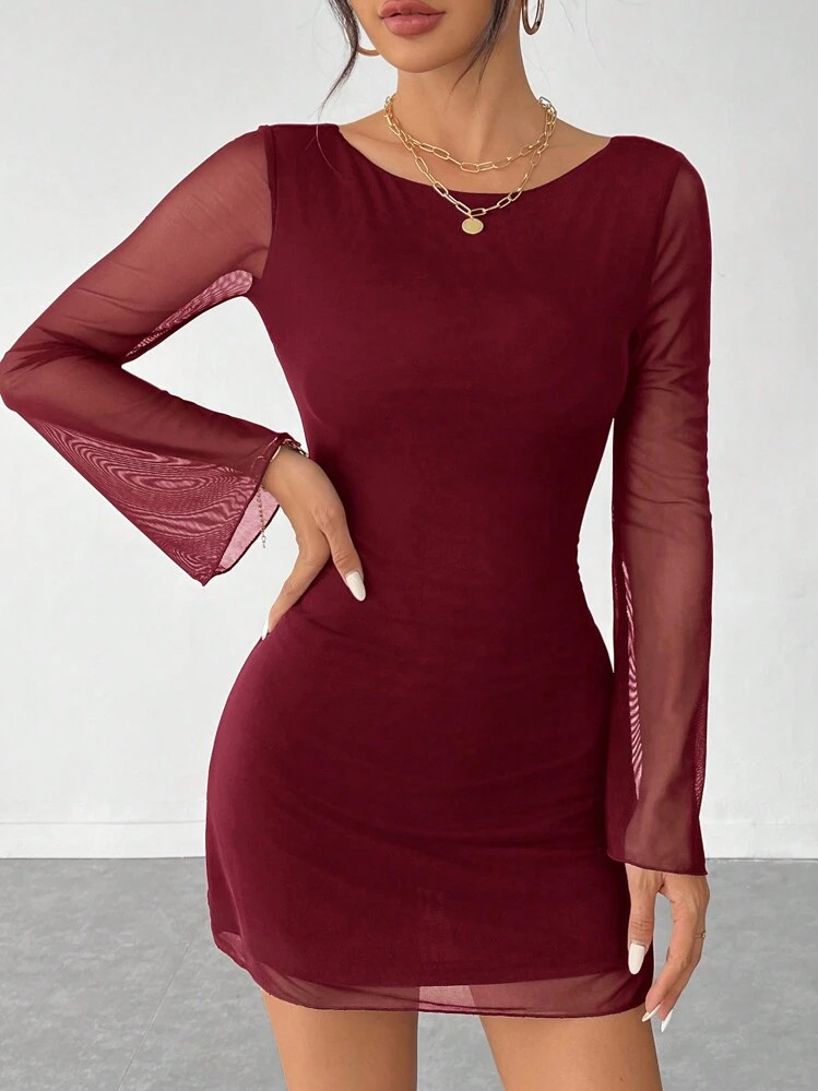 SHEIN PETITE Women's New Sexy Backless Trumpet Sleeve Mesh Dress For Early Autumn | SHEIN