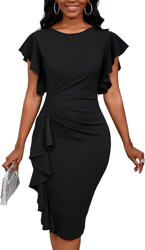 Womens Short Ruffle Sleeve Church Dress 50S Vintage Crew Neck Bodycon Work Pencil Midi Dress | Amazon (US)