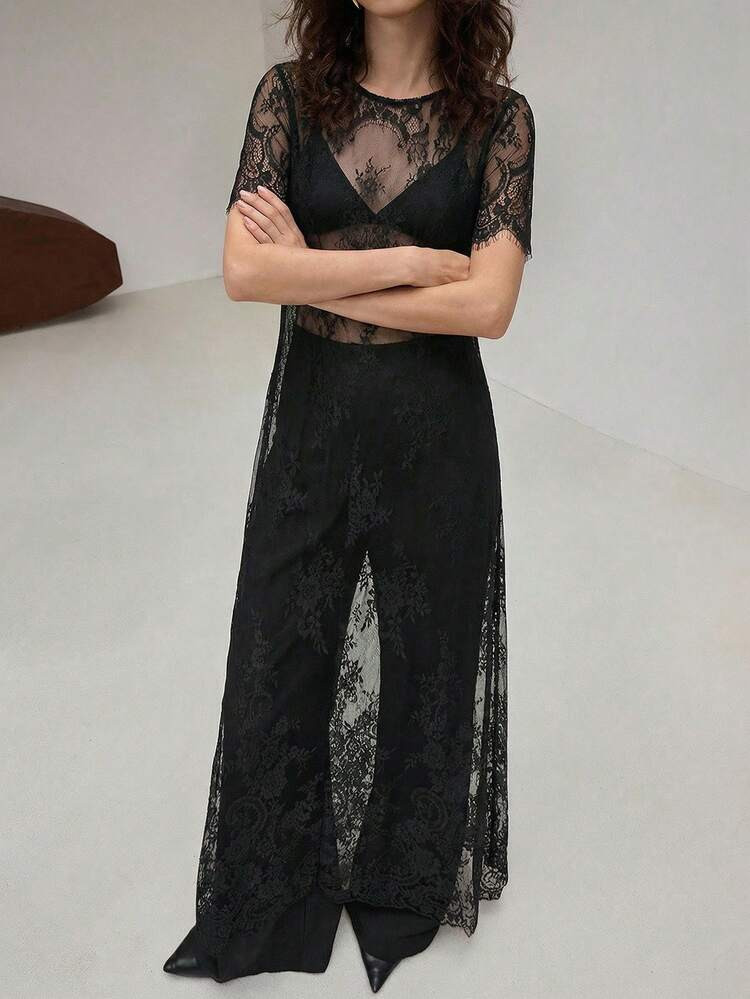 Editum Women's Black Floral Lace Dress,Elegant Seductive Night Out Outfit,Autumn Two Piece Set,Short Sleeve Midi Ankle Length Formal Wear,Bohemian Luxury | SHEIN USAe | SHEIN