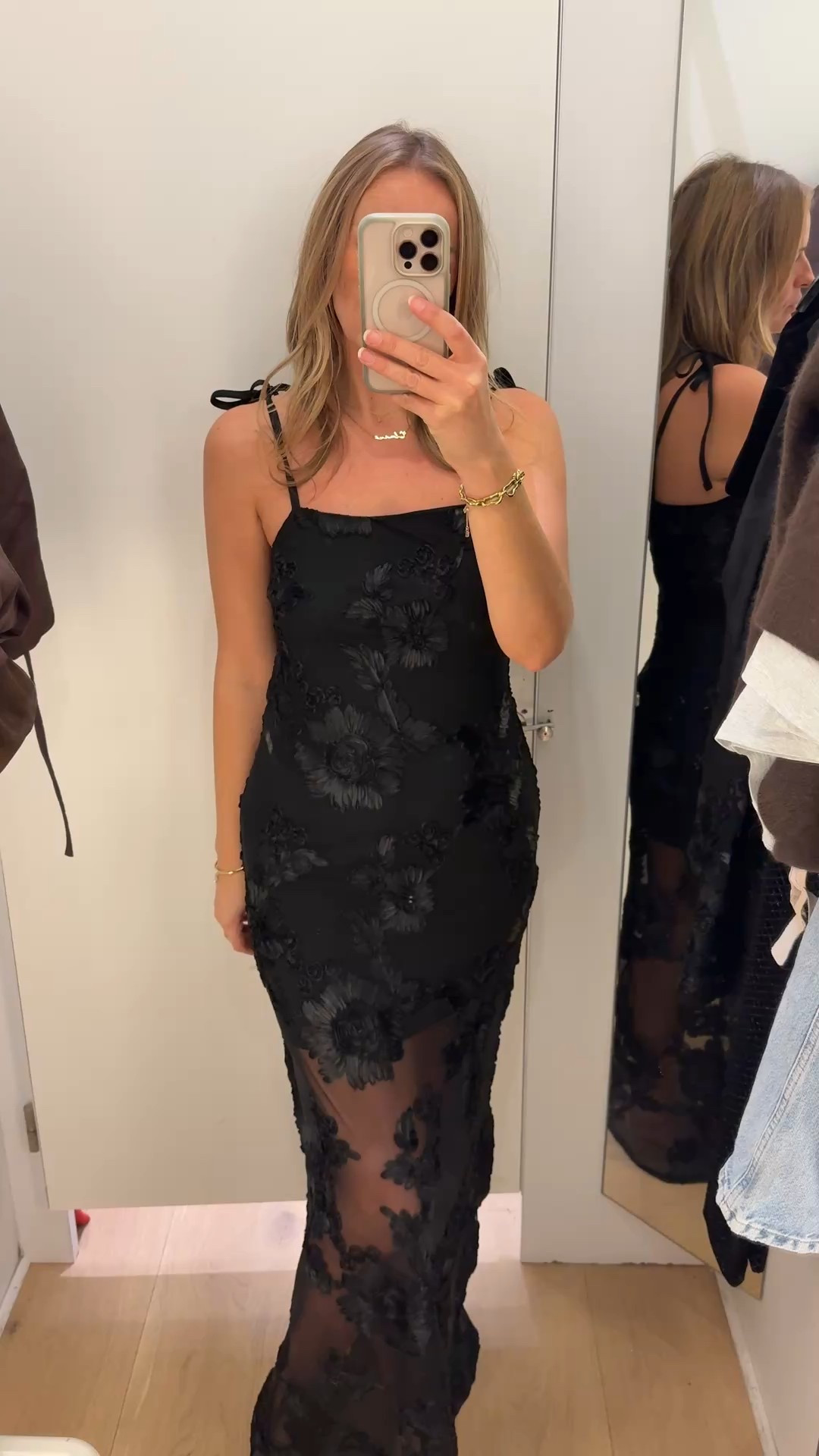 A lovely ‘something special ‘ dress 
Super comfortable 
And lovely see through lace skirt detailing. 
Available in a shorter length with sleeves too. 
Wearing a medium . 
Available next day with ASOS or river island with the premier accounts. 

#LTKfestive #LTKpartywear #LTKmidsize