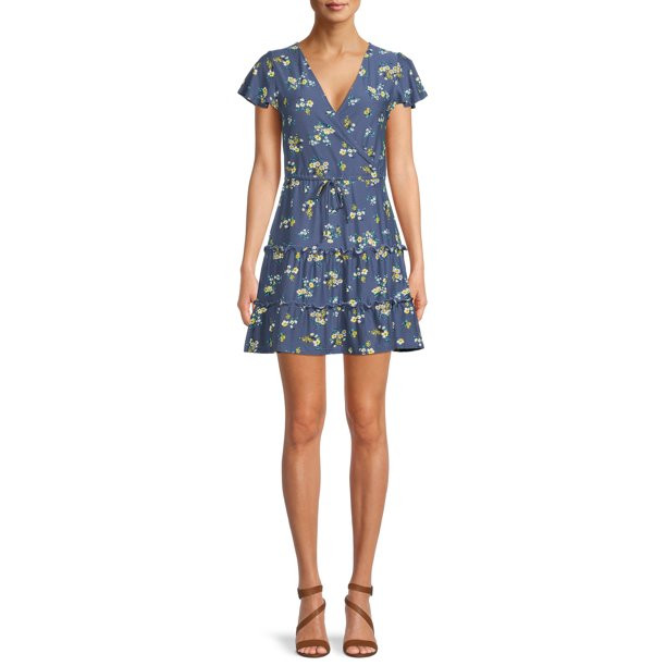 Derek Heart Juniors' Faux Wrap Dress with Tiered Skirt and Elastic Waist | Walmart (US)