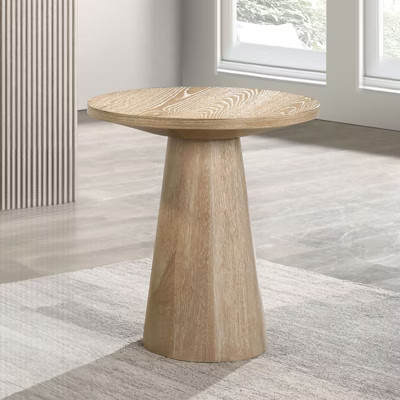Unique Cone Base Pedestal Round End Table Contemporary Style Rubberwood Structure Oak Finish | Target