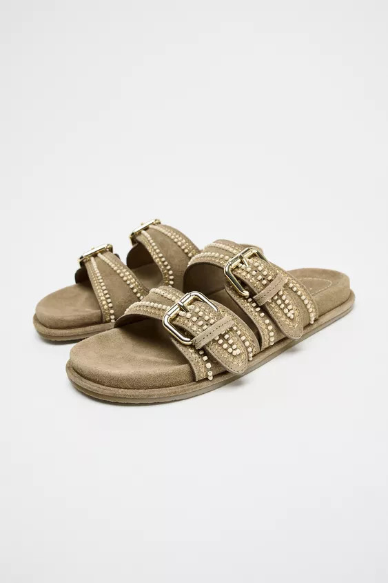 EMBROIDERED FLAT SPLIT SUEDE SANDALS | Zara US
