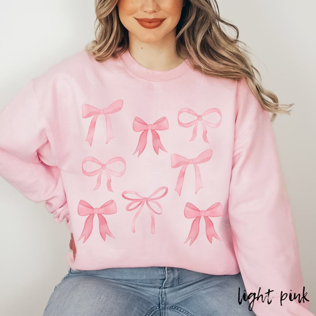 Womens Pink Bow Sweatshirt, Trendy Bow Sweatshirt for Women, Crewneck With Bows, Gildan Oversized... | Etsy (US)