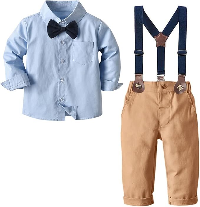 SANGTREE Baby Boys Clothes, Dress Shirt with Bowtie + Suspender Pants, 3 Months - 14 Years | Amazon (US)