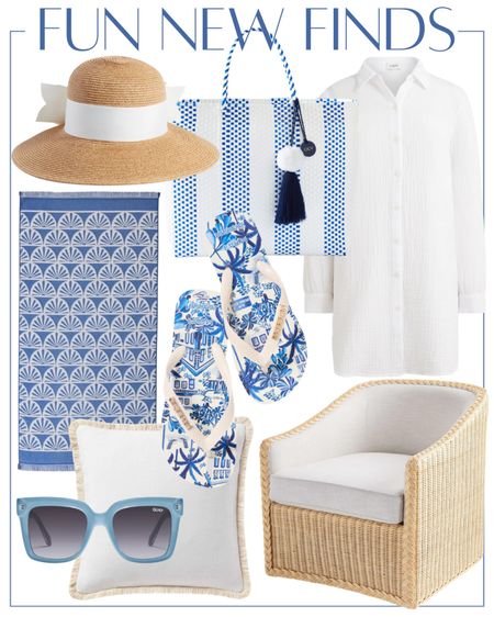 Coastal decor fashion swim coverup beach wear blue Walmart home beach towel pool bag straw hat with bow Tuckernuck woven barrel chair blue sunglasses blue and white Havianas

#LTKhome #LTKSeasonal #LTKstyletip