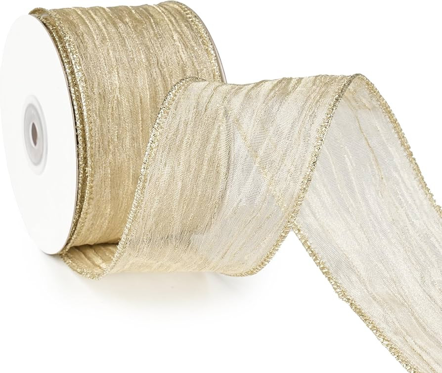 MAYREEL Champagne Wired Ribbon 2.5 Inch Metallic Gold Crinkle Ribbon for Tree Decorations Wreaths... | Amazon (US)