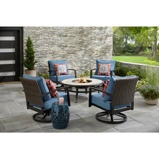 Hampton Bay Whitfield 5-Piece Dark Brown Metal Outdoor Patio Round Fire Pit Seating Set w/ Cushio... | The Home Depot