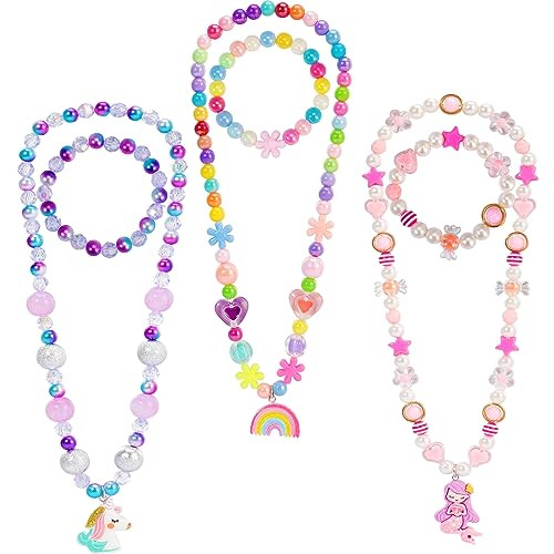 PinkSheep Kids Classic Jewelry, 3 Sets of Beaded Necklaces and Bracelets for Girls, Favors Bags for Girls Jewelry (Mermaid) | Amazon (US)