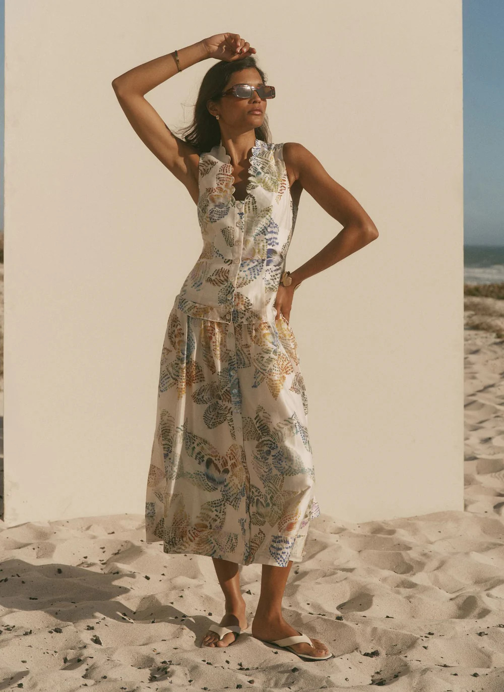 Cream Linen Floral Print Midi Dress | Mint Velvet