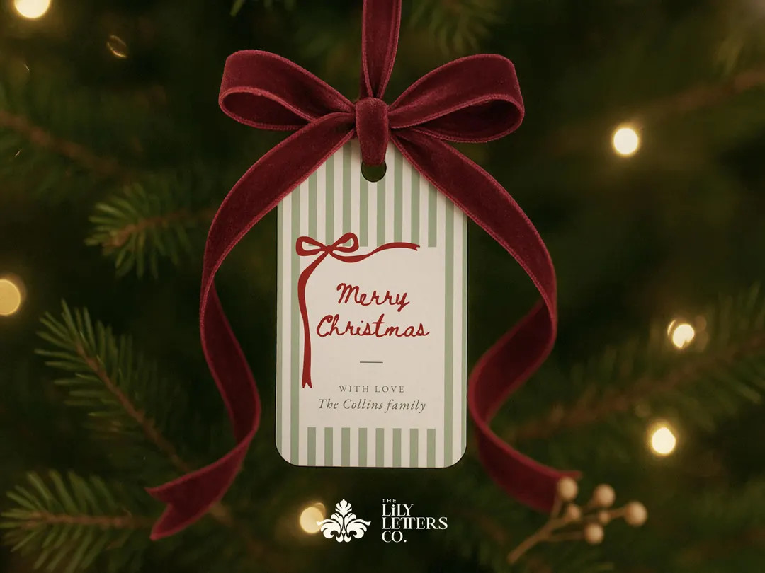 Christmas Gift Tags Template, Printable Elegant Holiday Favor Tag, Canva Editable Green Striped T... | Etsy (US)