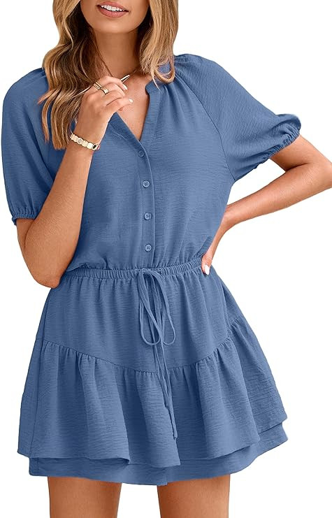 Simplee Womens Cute Summer Rompers - Casual V Neck Short Sleeve Ruffle Boho Romper Dresses Beach ... | Amazon (US)