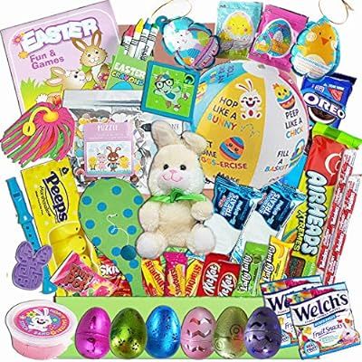 Kids Easter Care Package - Games, Activities Beach Ball, Candy, Snacks, Toys, Plush Bunny - Baske... | Amazon (US)