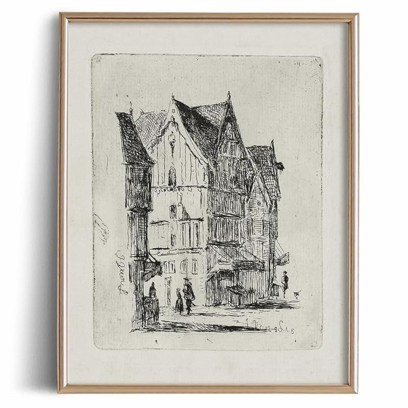 Town Building Drawing Rustic Gray Picture - City Architecture Street Etching Print Poster - Vinta... | Amazon (US)