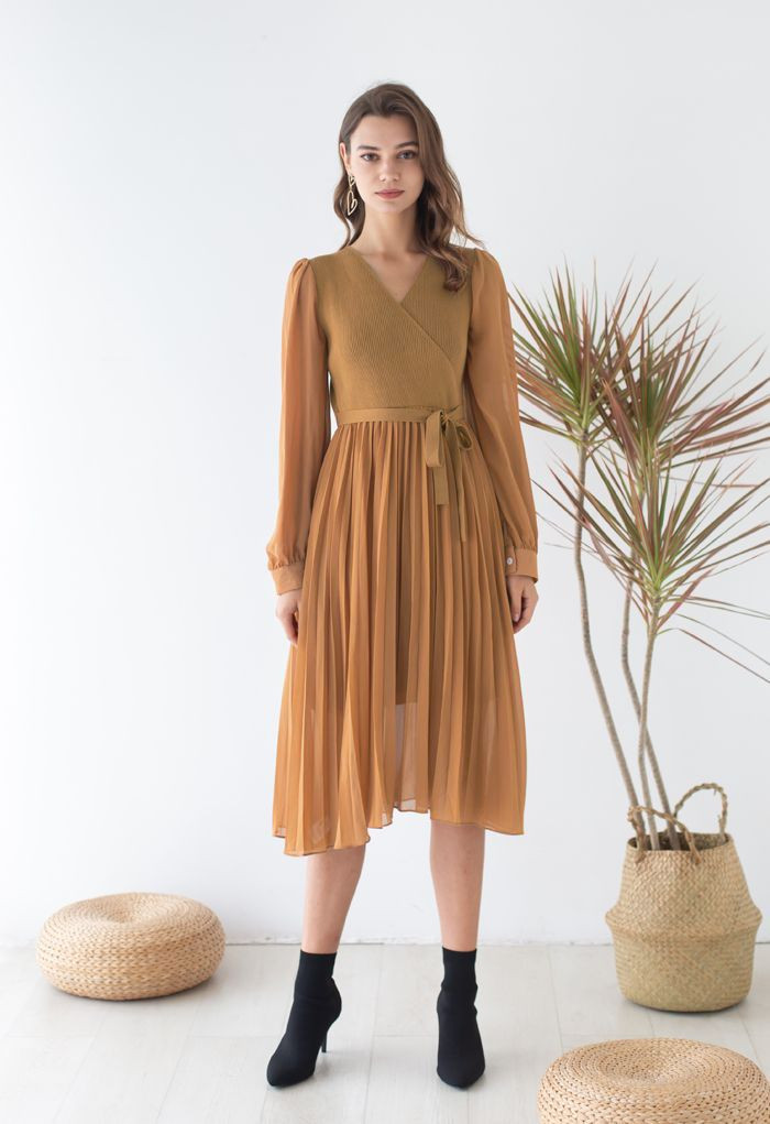 Knit Spliced Self-Tie Pleated Wrap Midi Dress in Caramel | Chicwish